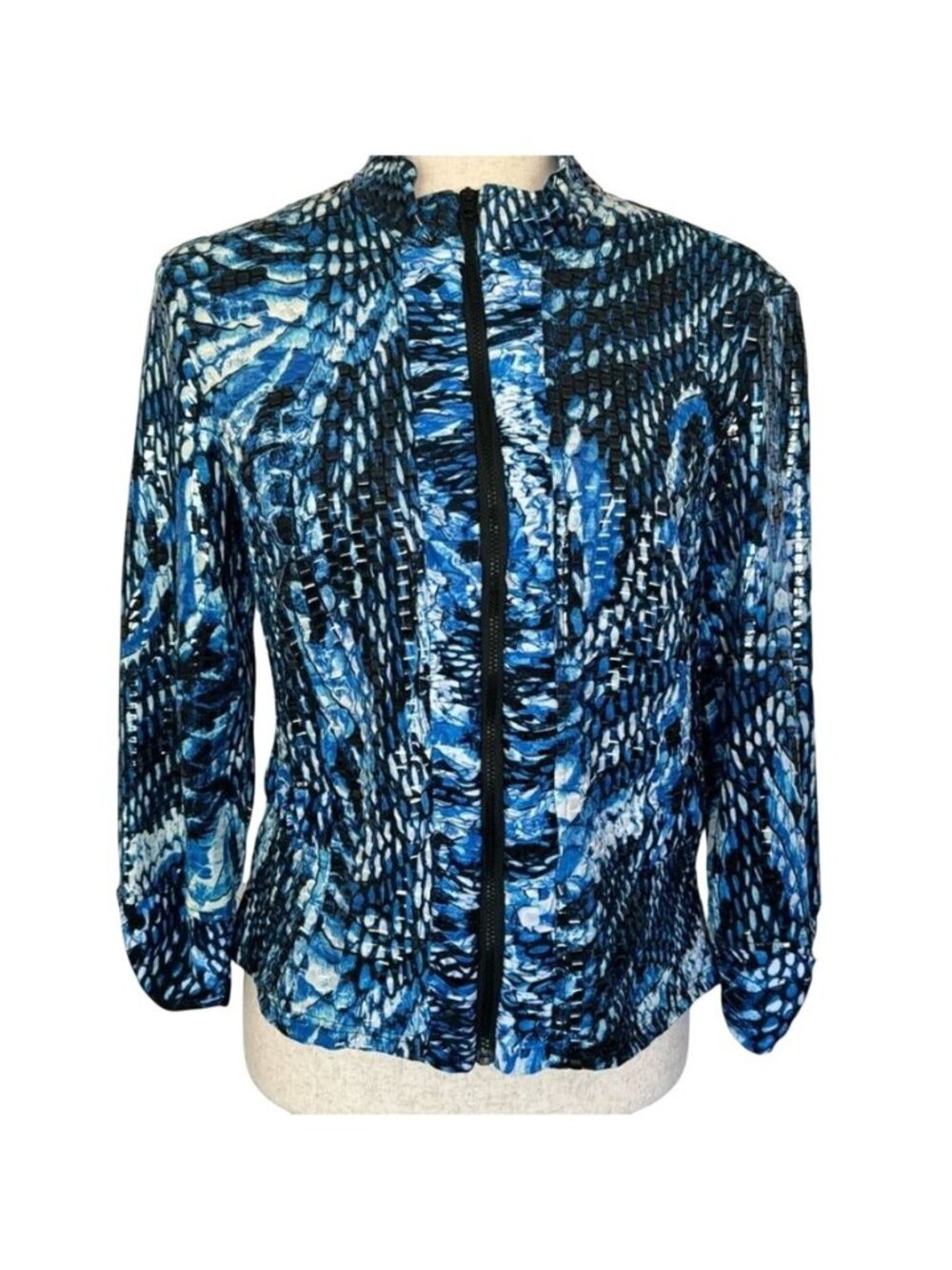 Linear Blue Shiny Full Zip Jacket 3/4 Sleeve Size L Dressy Evening Special Event